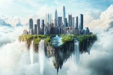 Fototapeta premium Futuristic cityscape floating in the clouds, surrounded by lush greenery and cascading waterfalls.