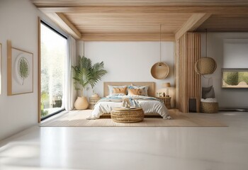 A bedroom with a bed, rattan furniture, a large window, and a wooden ceiling.