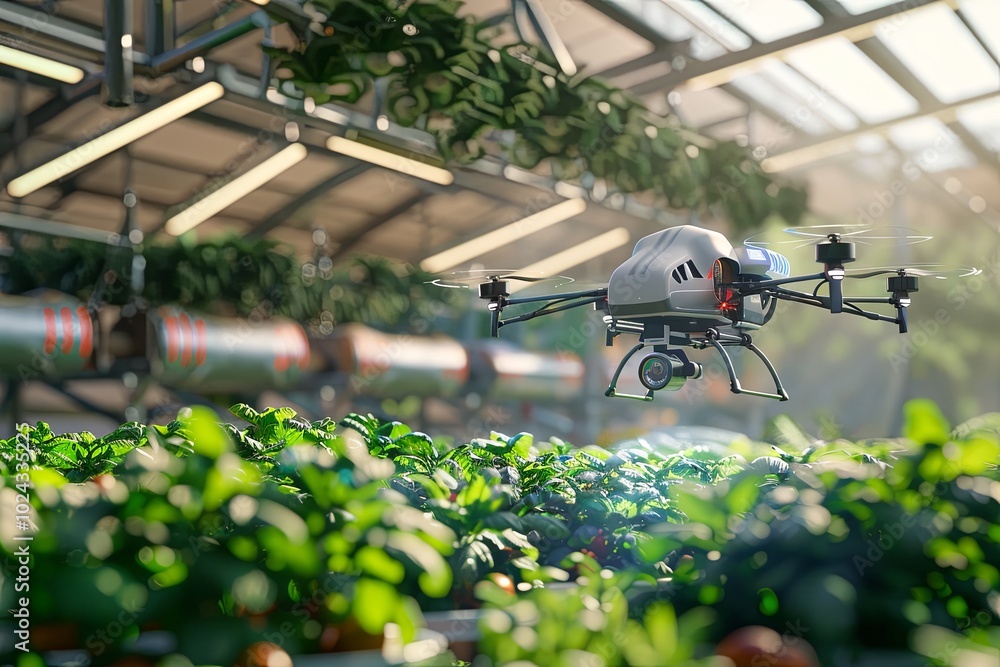 Aufkleber Drones and robots work together, using AI to monitor crops and improve agricultural practices in an advanced farming environment. Generative AI