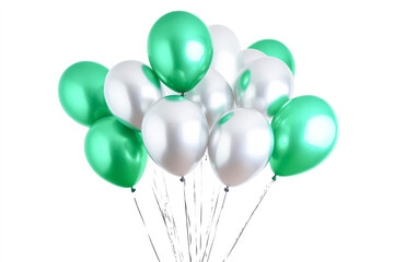 Green and silver colored balloons flying up isolated on white