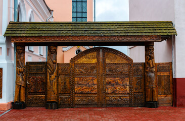 Carved wooden gates to the building of the Vetka Museum of Old Believers and Belarusian Traditions, Gomel region