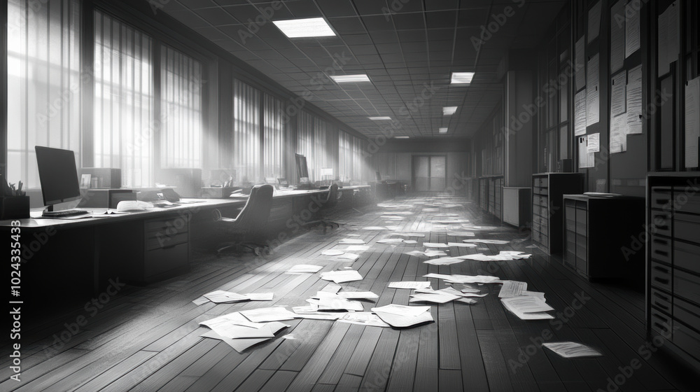 Poster abandoned trading floor with scattered papers in dim light, creating haunting atmosphere of neglect 