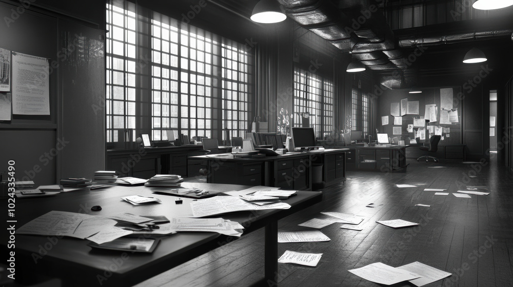 Poster abandoned trading floor with scattered papers and dim lighting creates haunting atmosphere. disarray