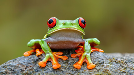 Naklejka premium Striking close-up of vibrant red-eyed tree frog with textured green skin