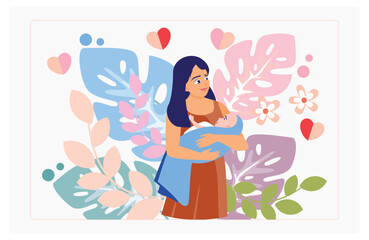 A mother holds a baby in her arms. With a background of flowers, leaves, and heart shapes. Mother's Day concept. Flat vector illustration.