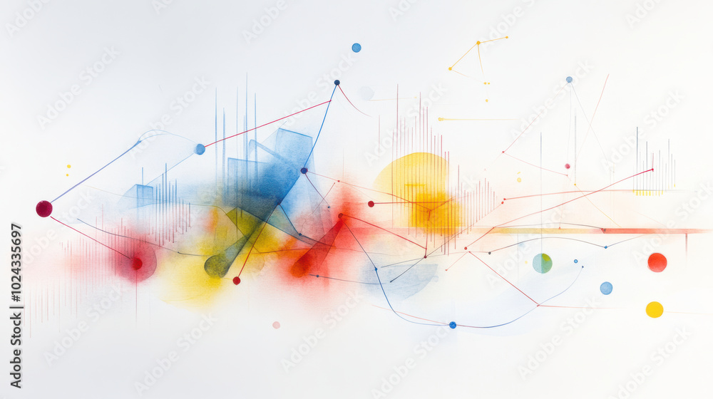 Poster abstract art featuring colorful graphs and arrows representing market dynamics, with vibrant hues of