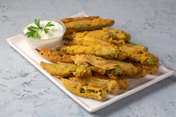 Fried Okra Tempura with Yogurt - Yoghurt Sauce. Healthy Snacks.