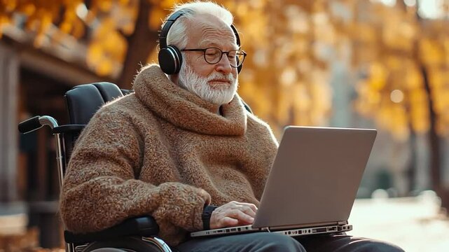 Elderly disabled man using a wheelchair, laptop, and headphones.