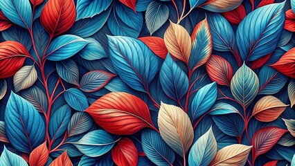 A symphony of colors on vibrant foliage, where blue, red, and beige hues intertwine in an abstract dance of nature