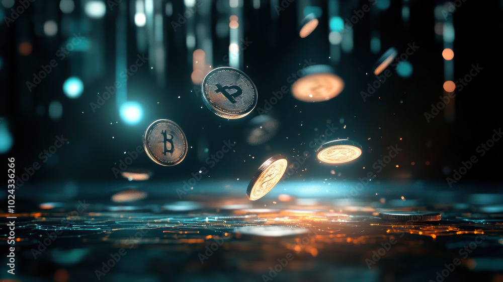 Poster falling coins create mesmerizing scene in dark void, symbolizing dynamic world of cryptocurrency and