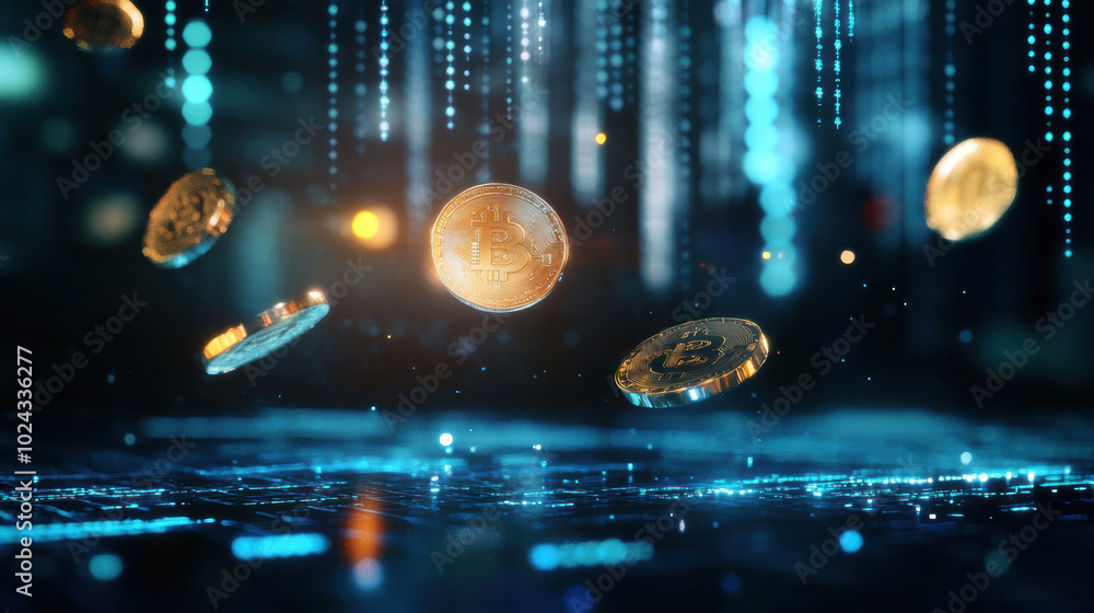 Poster falling coins create mesmerizing scene in digital environment, symbolizing dynamic nature of cryptoc