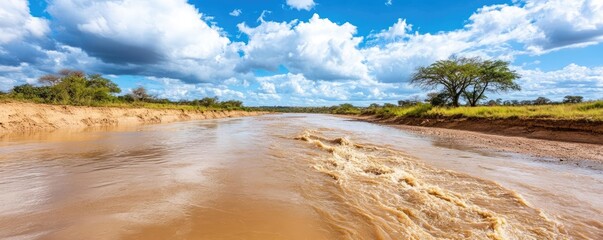 Obraz premium A once-dry riverbed filled with violent, muddy water after a sudden downpour, dry riverbed flood, surging water