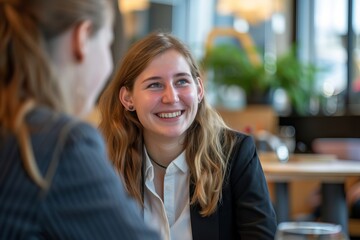 Obraz premium Young businesswoman smiling while attentively listening to her colleague during a discussion at a modern coworking space.