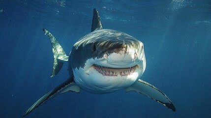 Great White Shark Swimming with Open Mouth in Blue Ocean Water