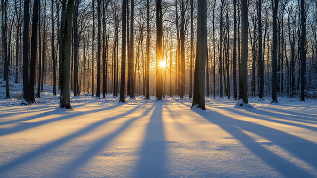 Captivating winter solstice sunrise illuminating a snow-covered forest landscape