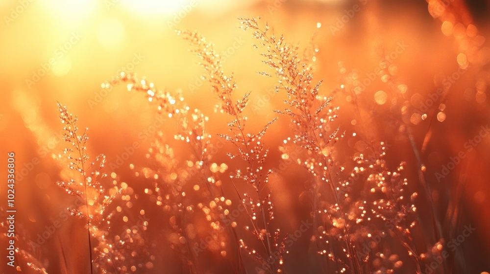 Poster a field of grass illuminated by the golden rays of the setting sun.