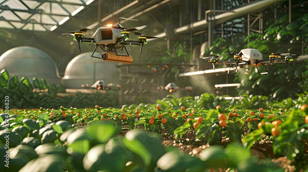 Aufkleber Drones and sensors actively monitor crop health and optimize farming practices on a high-tech agricultural farm equipped with AI. Generative AI