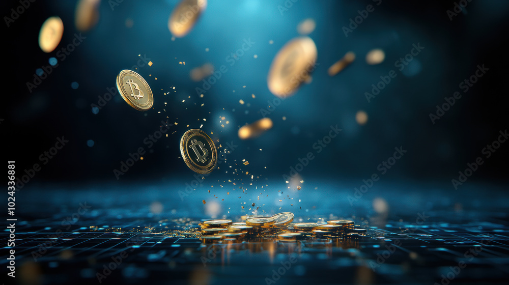 Aufkleber digital coins are falling from crumbling virtual stock, creating mesmerizing scene of wealth and tec