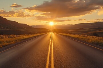 Fototapeta premium The road stretches across a barren valley, illuminated by the evening sunlight, creating a beautiful scene