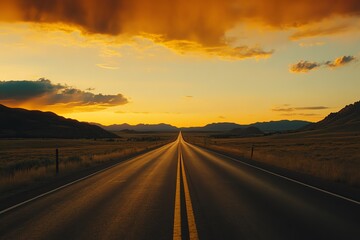 Fototapeta premium The road stretches across a barren valley, illuminated by the evening sunlight, creating a beautiful scene