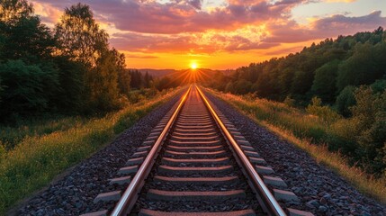 Obraz premium Train tracks extend into sunset. This image can be used for concepts of travel, hope, and new beginnings.