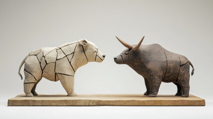 Fototapeta premium Crumbling stone bull and bear sculptures symbolize market dynamics and economic trends. intricate design showcases contrast between strength and fragility, evoking contemplation