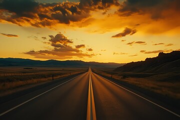 Fototapeta premium The road stretches across a barren valley, illuminated by the evening sunlight, creating a beautiful scene
