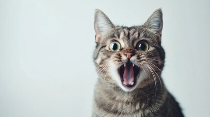 Obraz premium Curious tabby cat with wide eyes and open mouth expressing surprise in a bright indoor setting