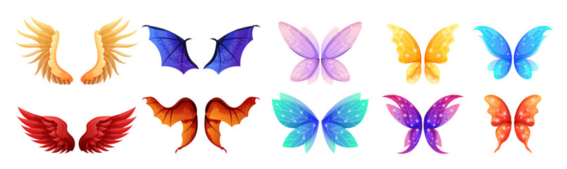 Cartoon wing. Fairy or dragon parts. Angel or vampire flight. magic butterfly. Beauty icon. Carnival costume. Bird feather. Fantasy animal. Halloween character. Fly symbol. Vector garish elements set