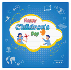 Boys and girls playing with paper windmills and balloons. Space doodle background. Children's Day concept. Flat vector illustration.