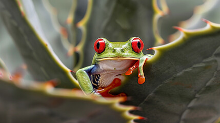 A vibrant red-eyed tree frog perched on a spiky leaf, showcasing its vivid colors and natural habitat in close-up detail.
