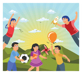 Diverse children playing together outdoors. Bright natural landscape background. Children's Day concept. Flat vector illustration.