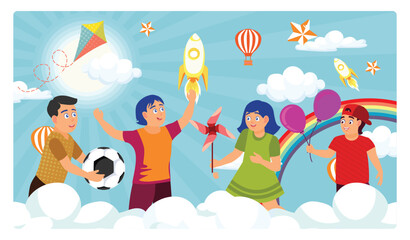 Happy children playing on the clouds. Colorful children's day celebration. Children's Day concept. Flat vector illustration.