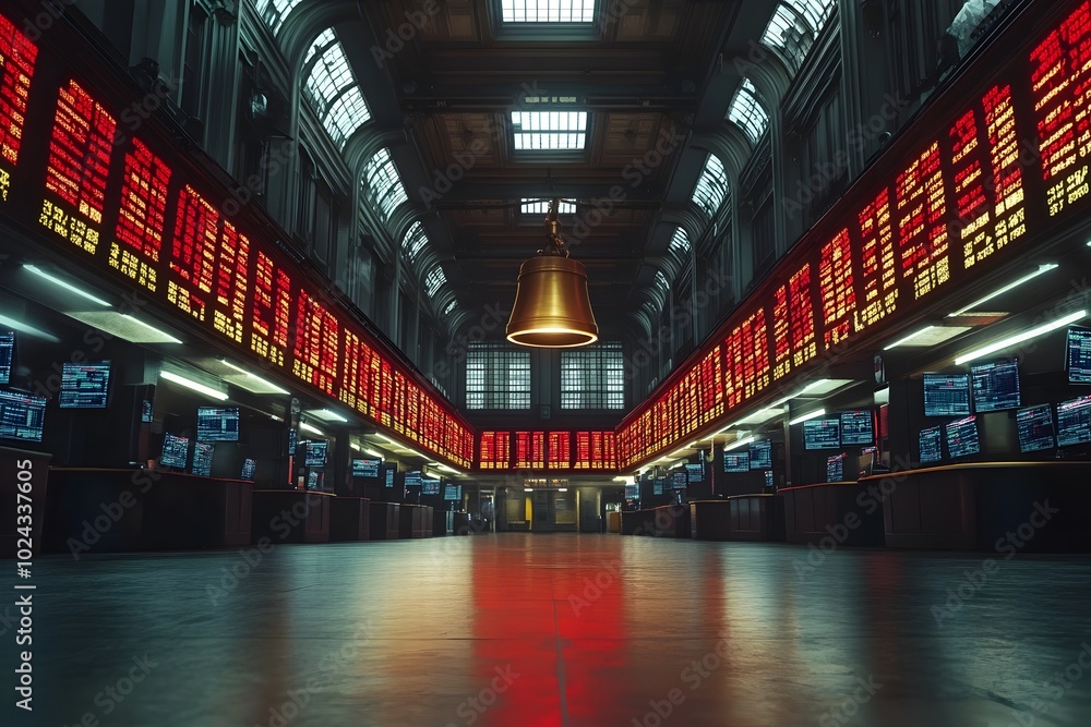 Poster the deserted market floor with screens displaying red data in slow motion documentary style