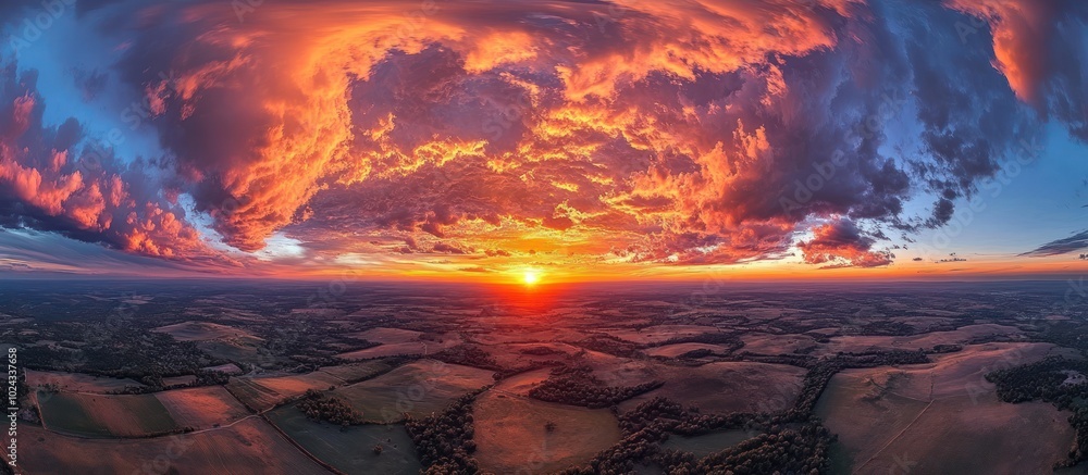Poster aerial view of a fiery sunset over a vast field with a panoramic view of the cloudscape.