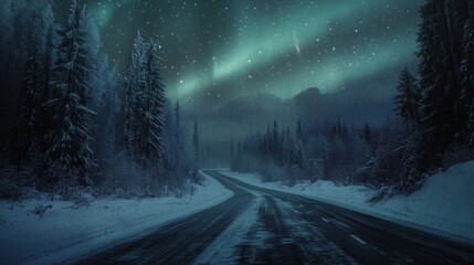 Obraz premium A serene winter road under a starry sky and northern lights.