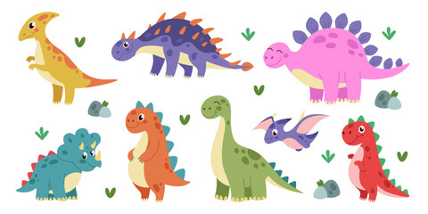 Dinosaur. Kids cartoon dino. Little monster cute character. Baby animal graphic, prehistoric Tyrannosaurus, Triceratops and Pterodactyl. Childish decorative stickers. Vector tidy isolated illustration