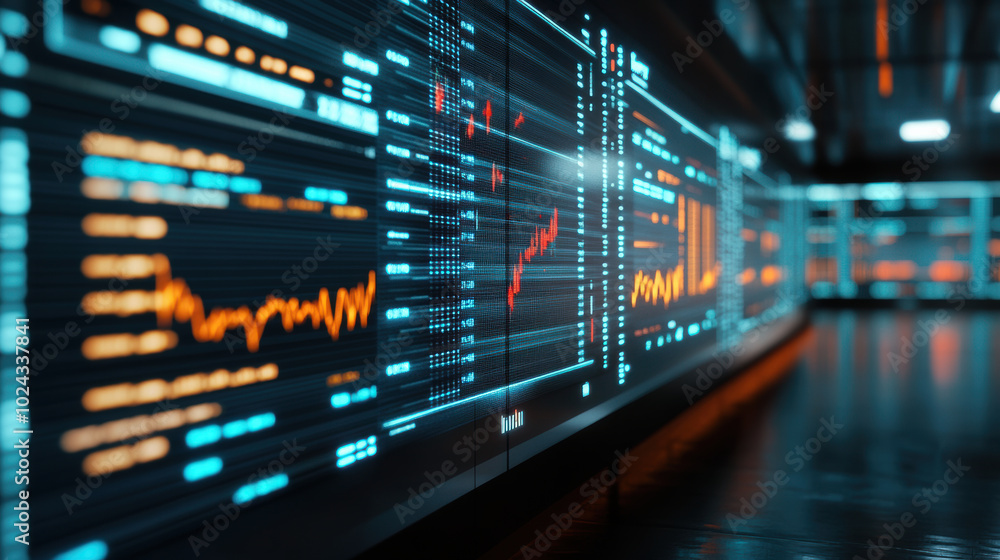 Poster futuristic trading terminal displaying vibrant data visualizations and graphs, showcasing market tre