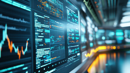 Futuristic trading terminal displaying data analytics and stock market trends with vibrant graphs and digital interfaces. high tech environment evokes sense of innovation and advanced technology
