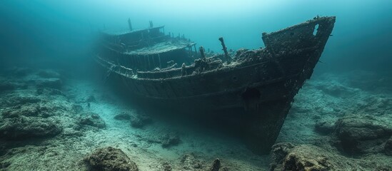 Fototapeta premium An old shipwreck lays on the ocean floor, covered in marine growth, surrounded by rocks.