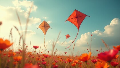 Colorful Kites Flying High Above Poppy Field Summer Sky Blue Clouds