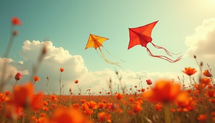 Kites Flying Over Orange Wildflowers in Summer Sky