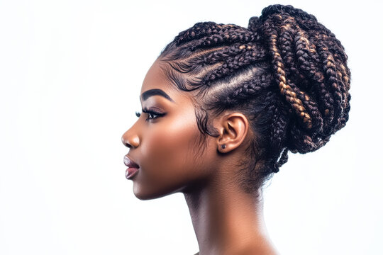 portrait of a black african woman with curly long braids bun hair isolated on white