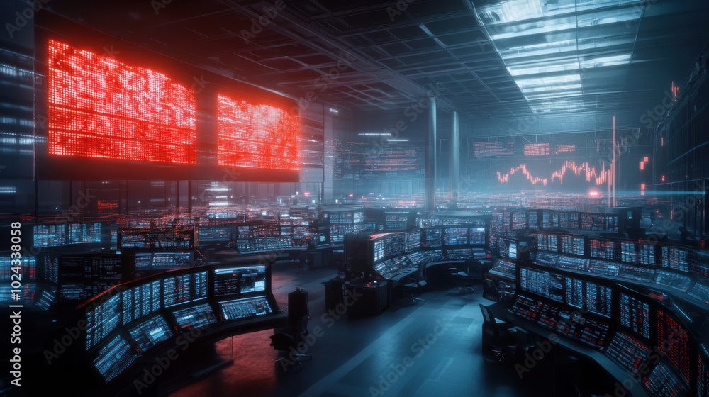 Poster futuristic trading floor filled with glowing red warning signals and digital screens displaying stoc