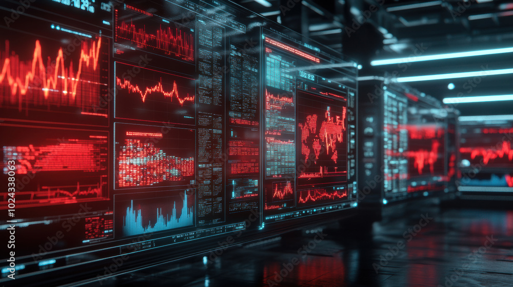 Aufkleber high tech digital screens displaying glowing red warning signals and stock market data create futuri