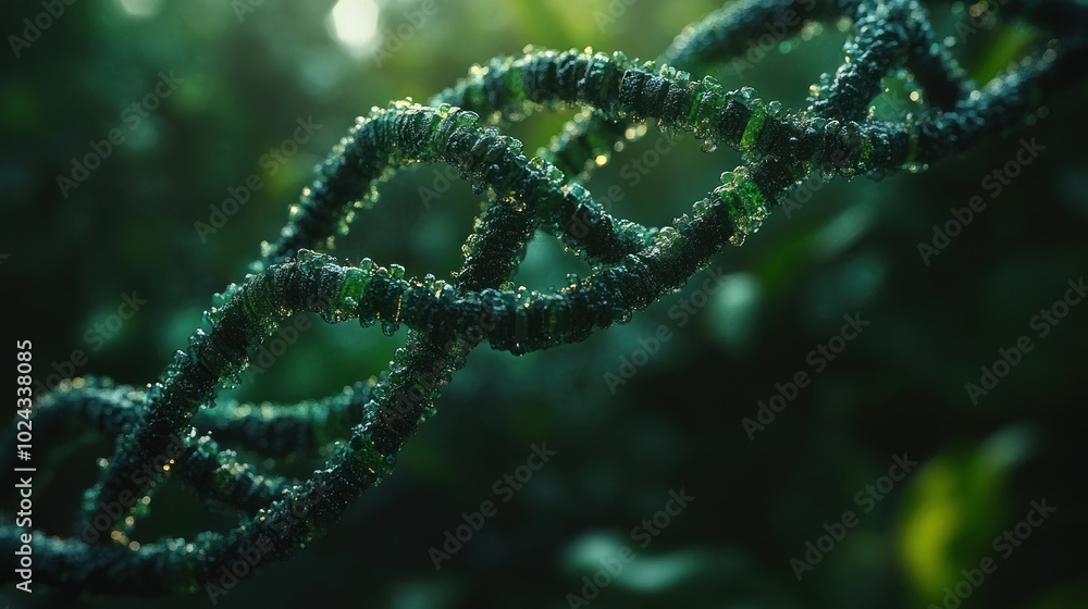 Poster a close-up view of a dna double helix structure, rendered in a green color scheme, symbolizing the c
