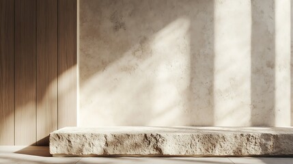  Concrete tabletop on wooden wall panels background for product presentation. Empty countertop with vertical slats. Aesthetic podium mockup in modern studio interior. 