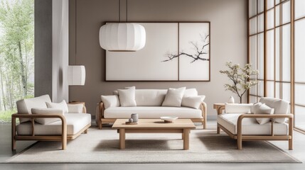 Japandi-style living room with minimalist design, light wood furniture, neutral shades, and clean lines, offering a tranquil, luxurious space.