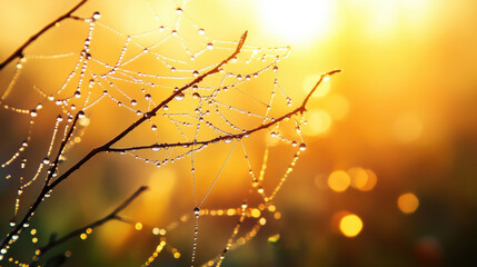 Dewdrops glisten on spider web, capturing warm glow of sunlight in serene morning scene. delicate strands create beautiful contrast against soft, blurred background