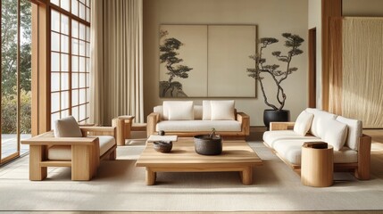 Japandi-style luxury living room featuring clean, minimalist lines, natural wood furniture, and a soft, calming color palette.